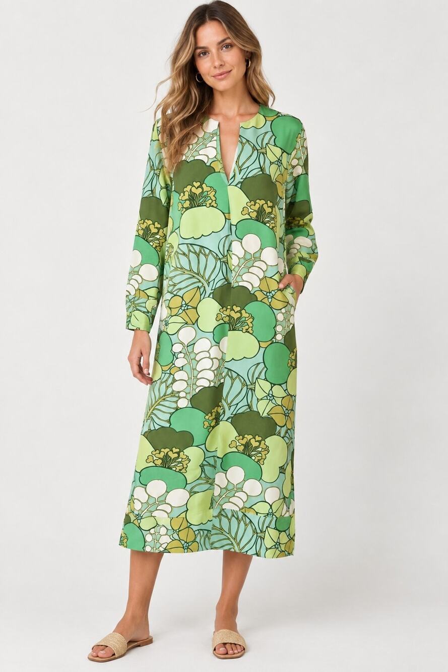 ZARA Green Floral Midi Dress Small Mod Retro 60s